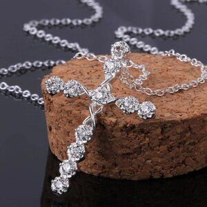 925 Sterling Silver CZ Crystal Cross Pendant 18" Link Chain Necklace Unisex